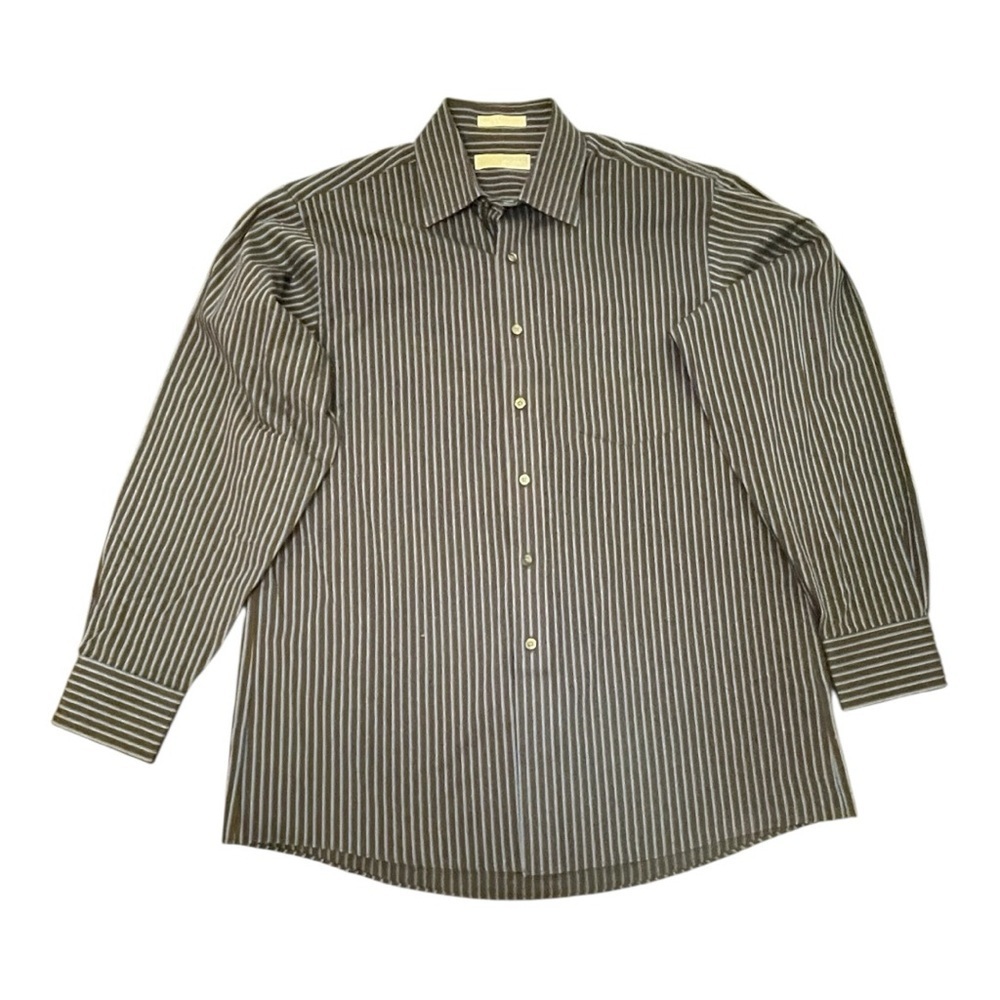 Michael Kors Button Up Long Sleeve Shirt Brown Blue Striped Men Size L 16 34/35